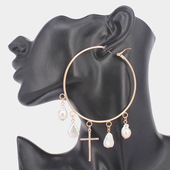 Gold Lady Pearl Hoop Earrings Charms Cross 25$